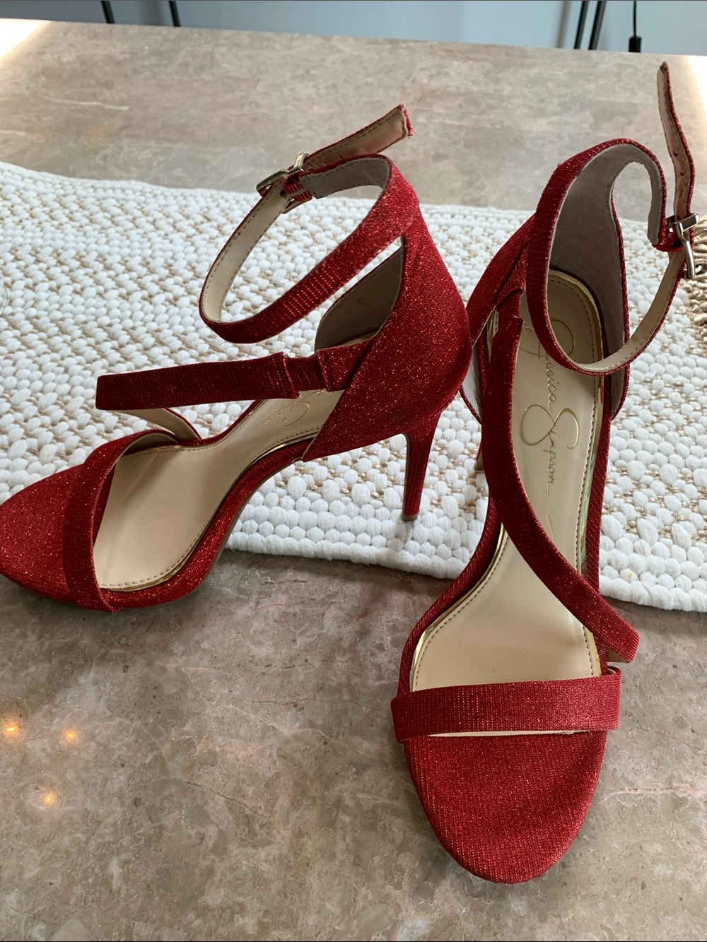 Jessica Simpson Sparkling Crimson Ankle-Strap Stilettos 9.5 New 4”